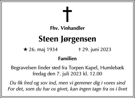 Dødsannoncen for Steen Jørgensen - Humlebæk