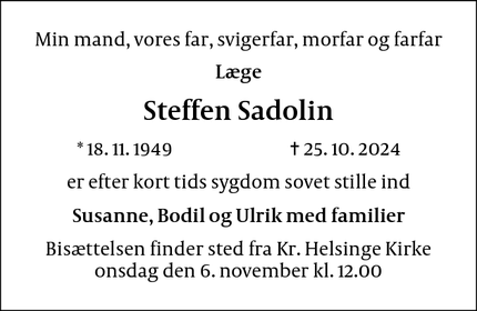 Dødsannoncen for Steffen Sadolin - Kr. Helsinge /Gørlev 