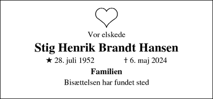 Dødsannoncen for Stig Henrik Brandt Hansen - albertslund