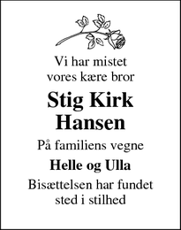 Dødsannoncen for Stig Kirk Hansen - Nyborg