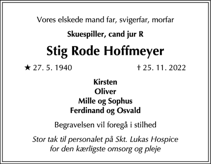 Dødsannoncen for Stig Rode Hoffmeyer - Hillerød