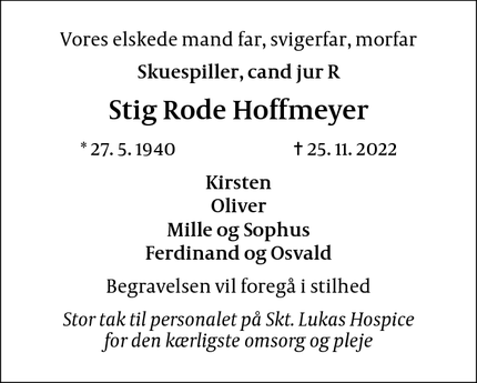 Dødsannoncen for Stig Rode Hoffmeyer - Hillerød