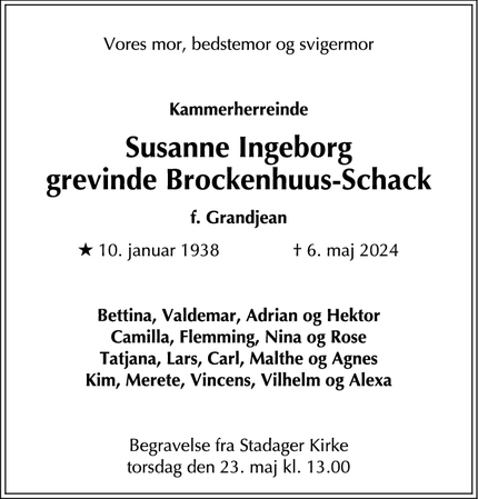 Dødsannoncen for Susanne Ingeborg
grevinde Brockenhuus-Schack - Nykøbing Falster