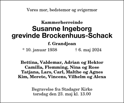 Dødsannoncen for Susanne Ingeborg
grevinde Brockenhuus-Schack - Nykøbing Falster