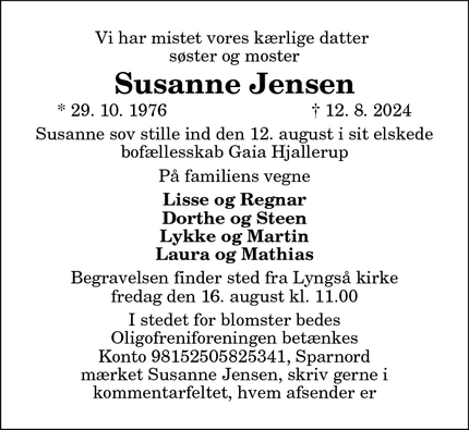 Dødsannoncen for Susanne Jensen - sæby