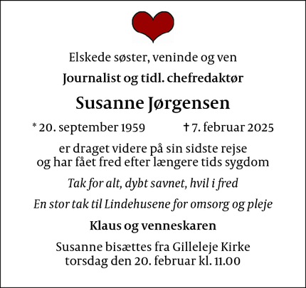 Dødsannoncen for Susanne Jørgensen - Charlottenlund