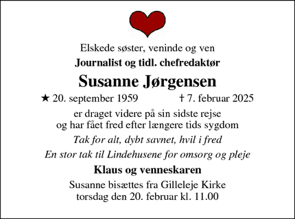 Dødsannoncen for Susanne Jørgensen - Charlottenlund