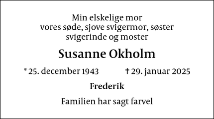 Dødsannoncen for Susanne Okholm - Roskilde