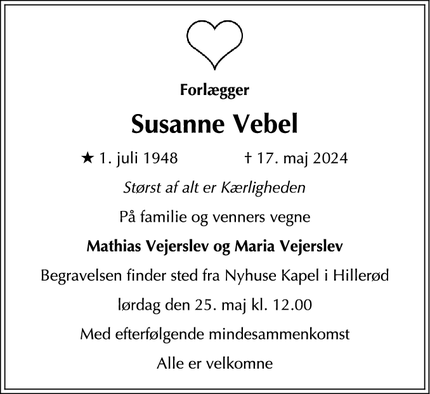 Dødsannoncen for Susanne Vebel - Hillerød