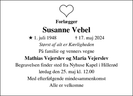 Dødsannoncen for Susanne Vebel - Hillerød