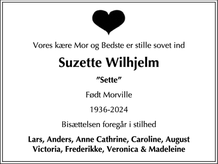 Dødsannoncen for Suzette Wilhjelm - Nykøbing F.