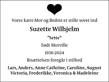 Dødsannoncen for Suzette Wilhjelm - Nykøbing F.