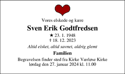 Dødsannoncen for Sven Erik Godtfredsen - Værløse