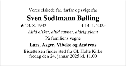 Dødsannoncen for Sven Sodtmann Bølling - Gammel Holte