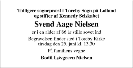 Dødsannoncen for Svend Aage Nielsen - Præstø