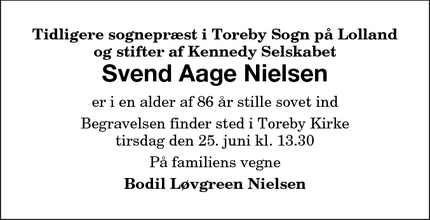 Dødsannoncen for Svend Aage Nielsen - Præstø