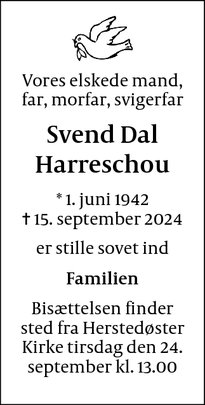 Dødsannoncen for Svend Dal
Harreschou - Albertslund