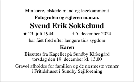 Dødsannoncen for Svend Erik Sokkelund - København S