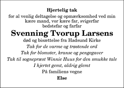 Taksigelsen for Svenning Tvorup Larsens  - Glerup,  