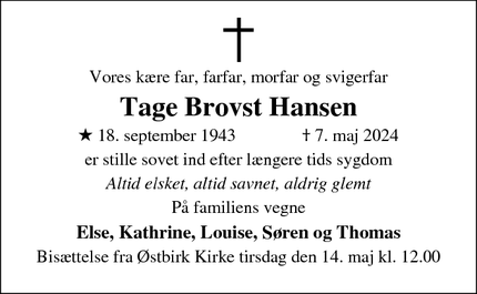 Dødsannoncen for Tage Brovst Hansen - Højbjerg