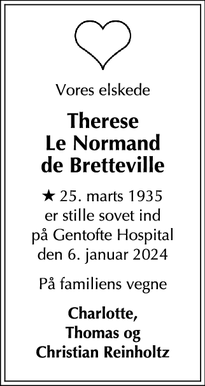 Dødsannoncen for Therese
Le Normand
de Bretteville - Kokkedal