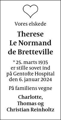 Dødsannoncen for Therese
Le Normand
de Bretteville - Kokkedal