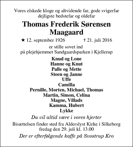 Dødsannoncen for Thomas Frederik Sørensen Maagaard - Silkeborg