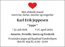 Dødsannoncen for Karl Erik Jeppesen - København S