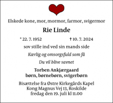 Dødsannoncen for Rie Linde - Roskilde