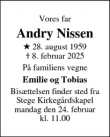 Dødsannoncen for Andry Nissen - Stensved