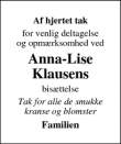 Dødsannoncen for Anna-Lise
Klausen - Allingåbro