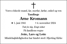 Dødsannoncen for Arne Kromann - Esbjerg