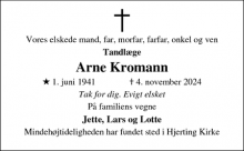 Dødsannoncen for Arne Kromann - Esbjerg