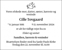 Dødsannoncen for Cille Tovgaard - København 