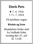 Dødsannoncen for Doris Pers - Trørød