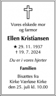 Dødsannoncen for Ellen Kristiansen - Værløse
