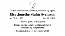 Dødsannoncen for Else Jonethe Stahn Svensson - Varde