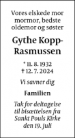 Dødsannoncen for Gythe Kopp-Rasmussen - København