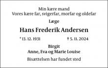 Dødsannoncen for Hans Frederik Andersen - København NV