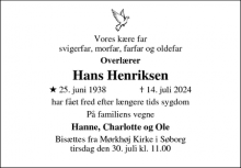 Dødsannoncen for Hans Henriksen - Skanderborg