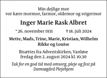 Dødsannoncen for Inger Marie Rask Albret - Vanløse