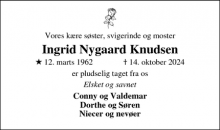 Dødsannoncen for Ingrid Nygaard Knudsen - Rødding