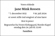 Dødsannoncen for Jane Mink Rossen - Gentofte