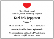 Dødsannoncen for Karl Erik Jeppesen - København S