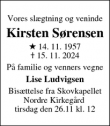 Dødsannoncen for Kirsten Sørensen - Vejle