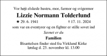 Dødsannoncen for Lizzie Normann Tolderlund - Silkeborg midtby