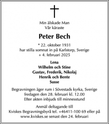 Dødsannoncen for Peter Bech - Rungsted