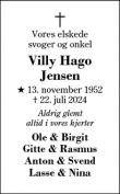 Dødsannoncen for Villy Hago
Jensen - Ikast