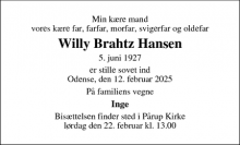 Dødsannoncen for Willy Brahtz Hansen - Kerteminde