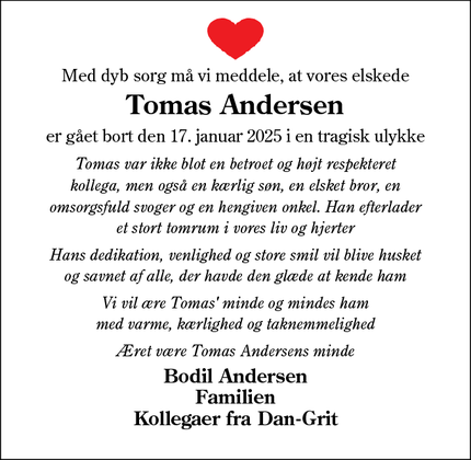 Dødsannoncen for Tomas Andersen - Tistrup